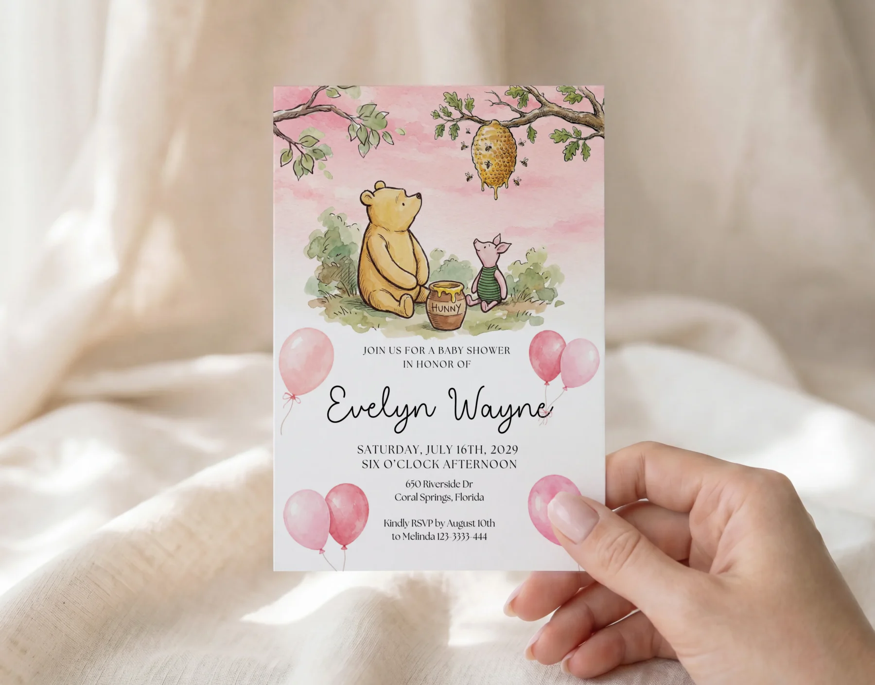 Winnie Pink Baby Shower Invitation Set Canva Template detail 5