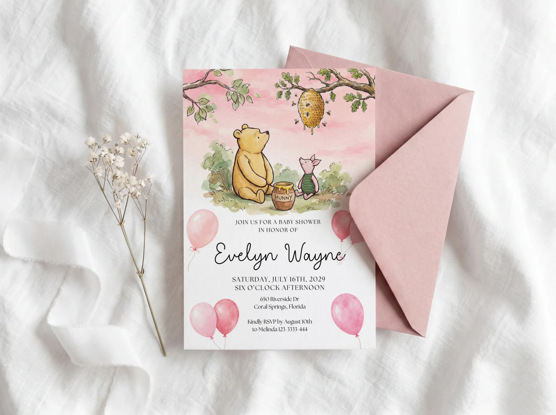 Winnie Pink Baby Shower Invitation Set Canva Template detail 2