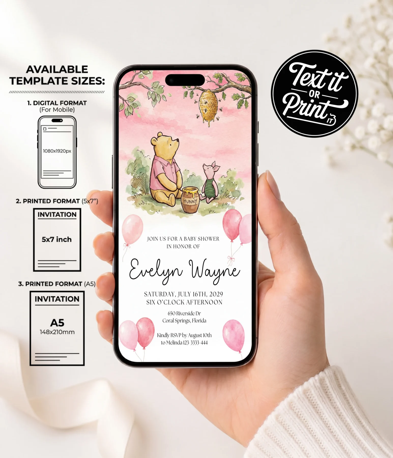 Winnie Pink Baby Shower Invitation Set Canva Template detail 6