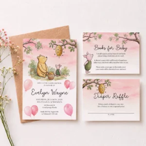 Winnie Pink Baby Shower Invitation Set Canva Template preview