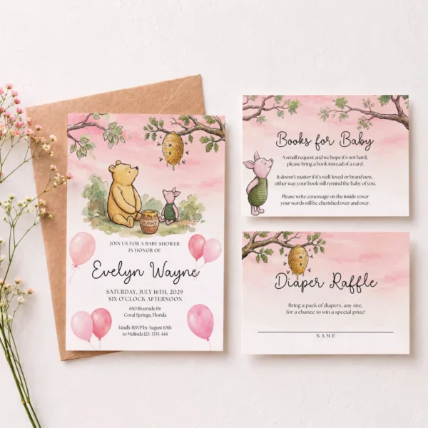 Winnie Pink Baby Shower Invitation Set Canva Template preview