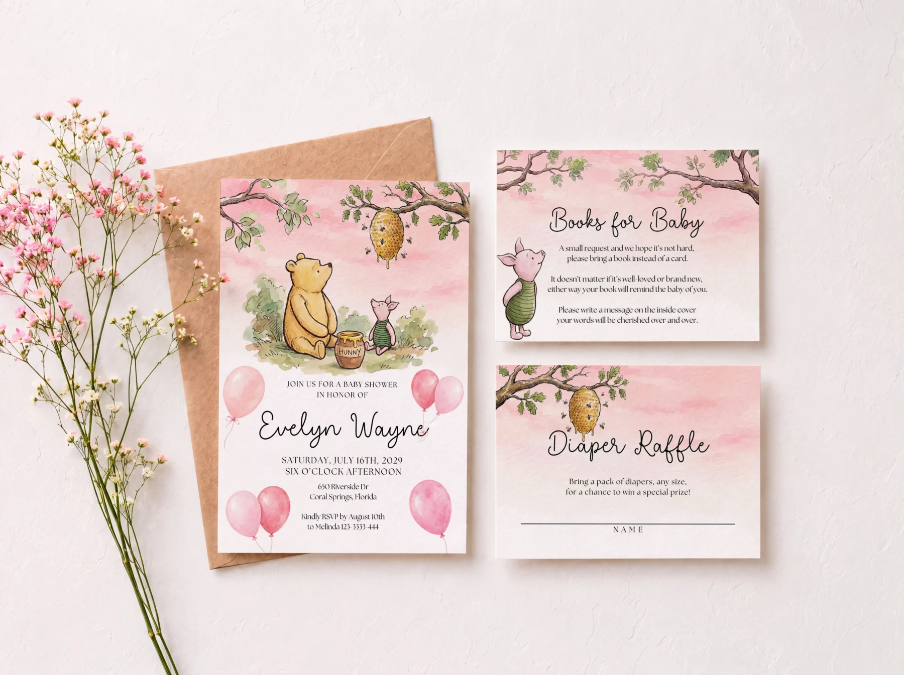 Winnie Pink Baby Shower Invitation Set Canva Template preview