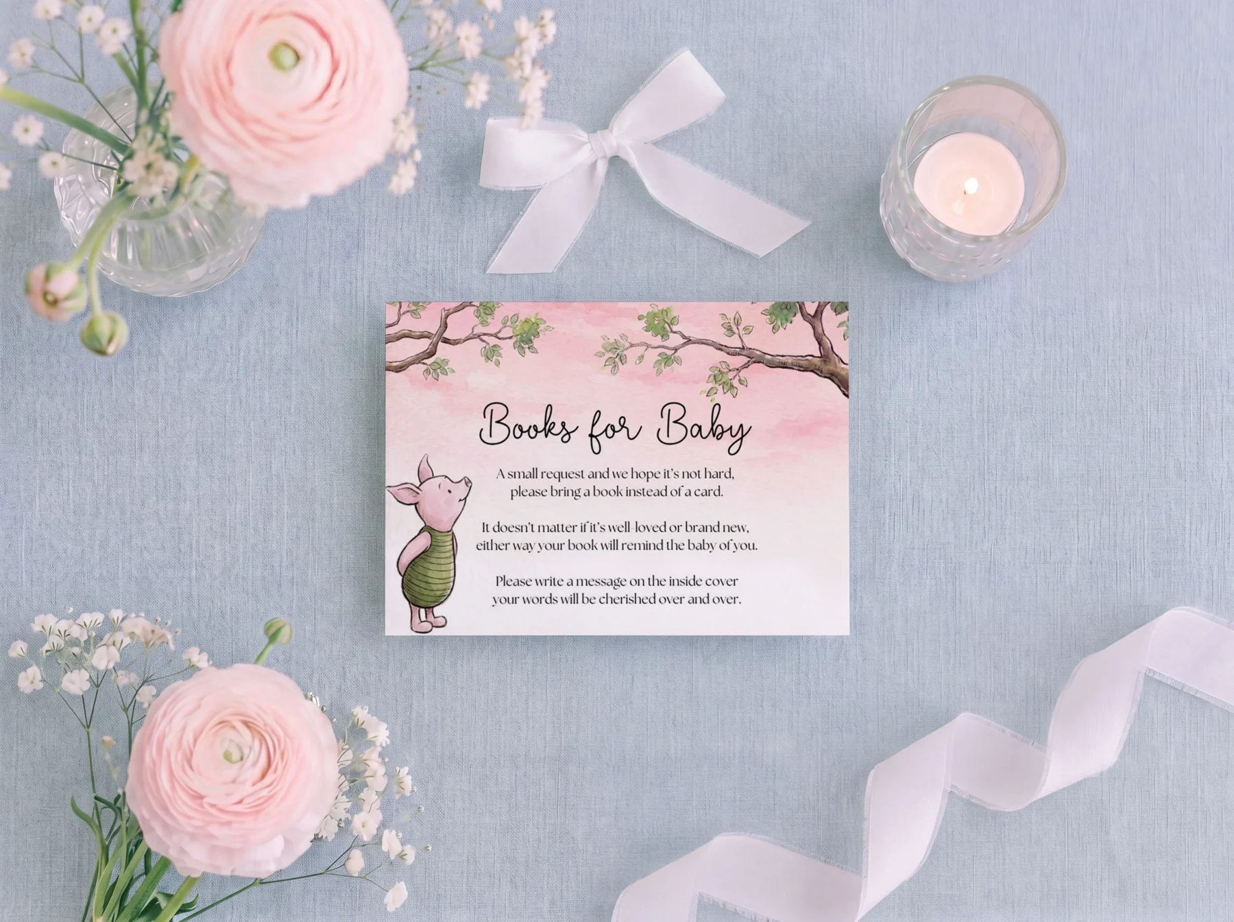 Winnie Pink Baby Shower Books for Baby Card Canva Template detail 2