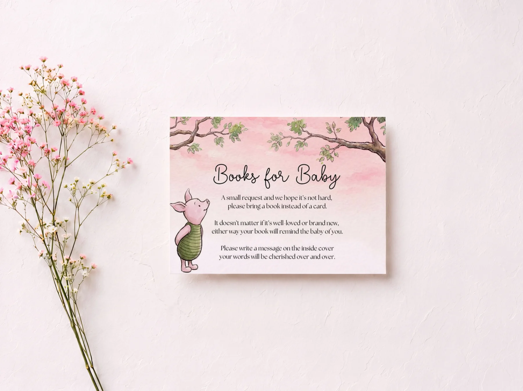 Winnie Pink Baby Shower Books for Baby Card Canva Template preview