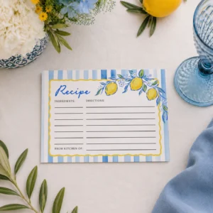Lemon Blue Bridal Shower Recipe Card Canva Template preview