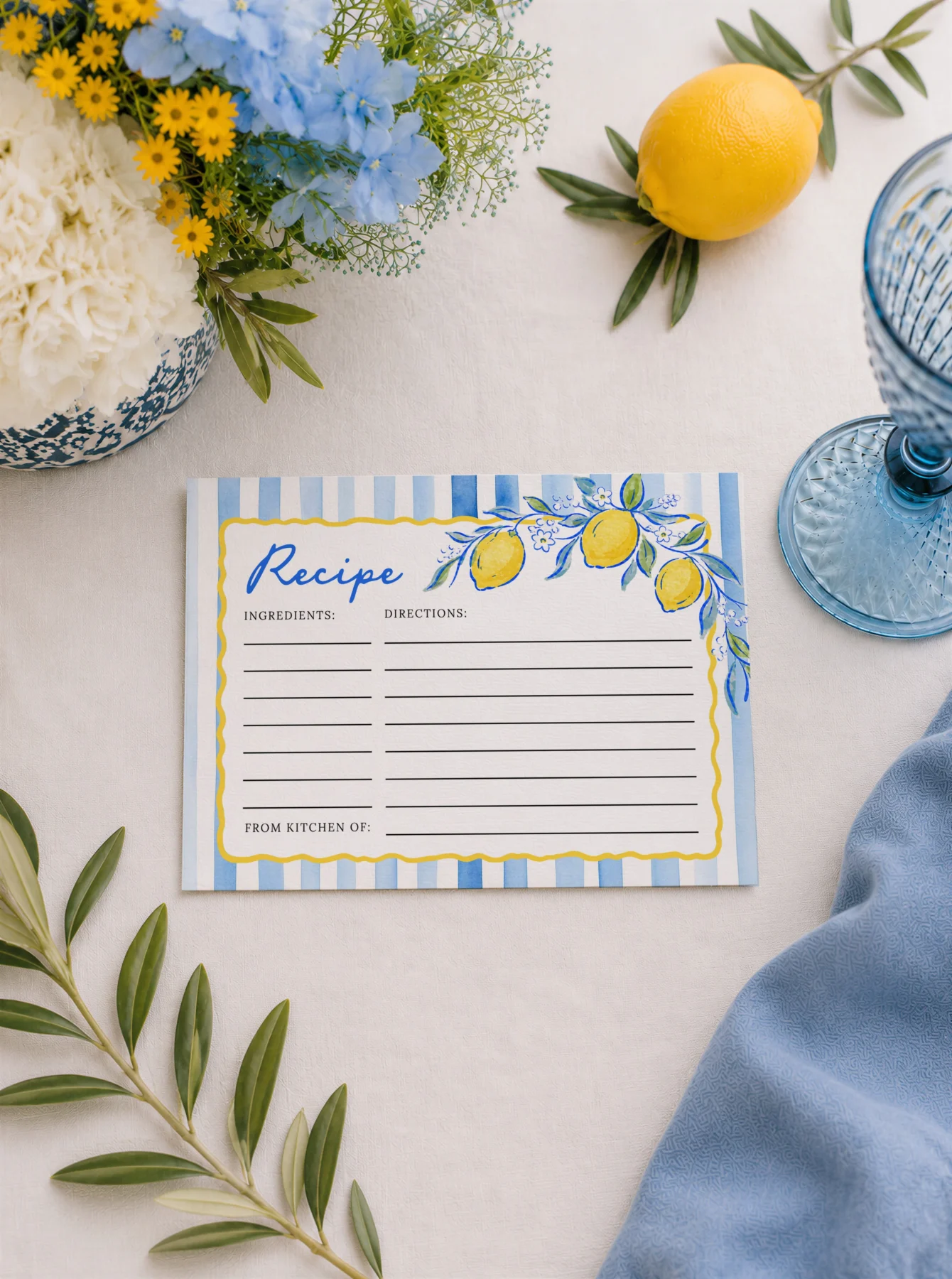 Lemon Blue Bridal Shower Recipe Card Canva Template preview