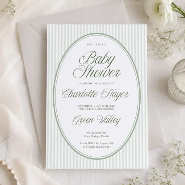 Green Stripes Baby Shower Invitation Canva Template preview