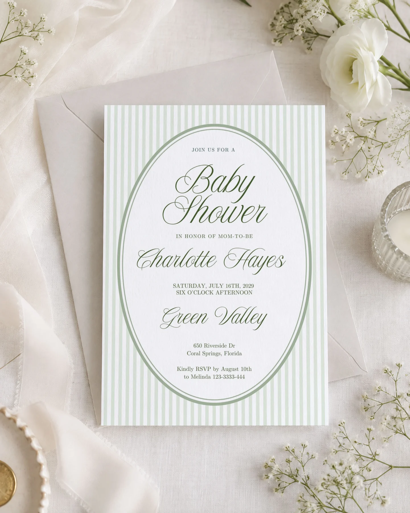 Green Stripes Baby Shower Invitation Canva Template preview