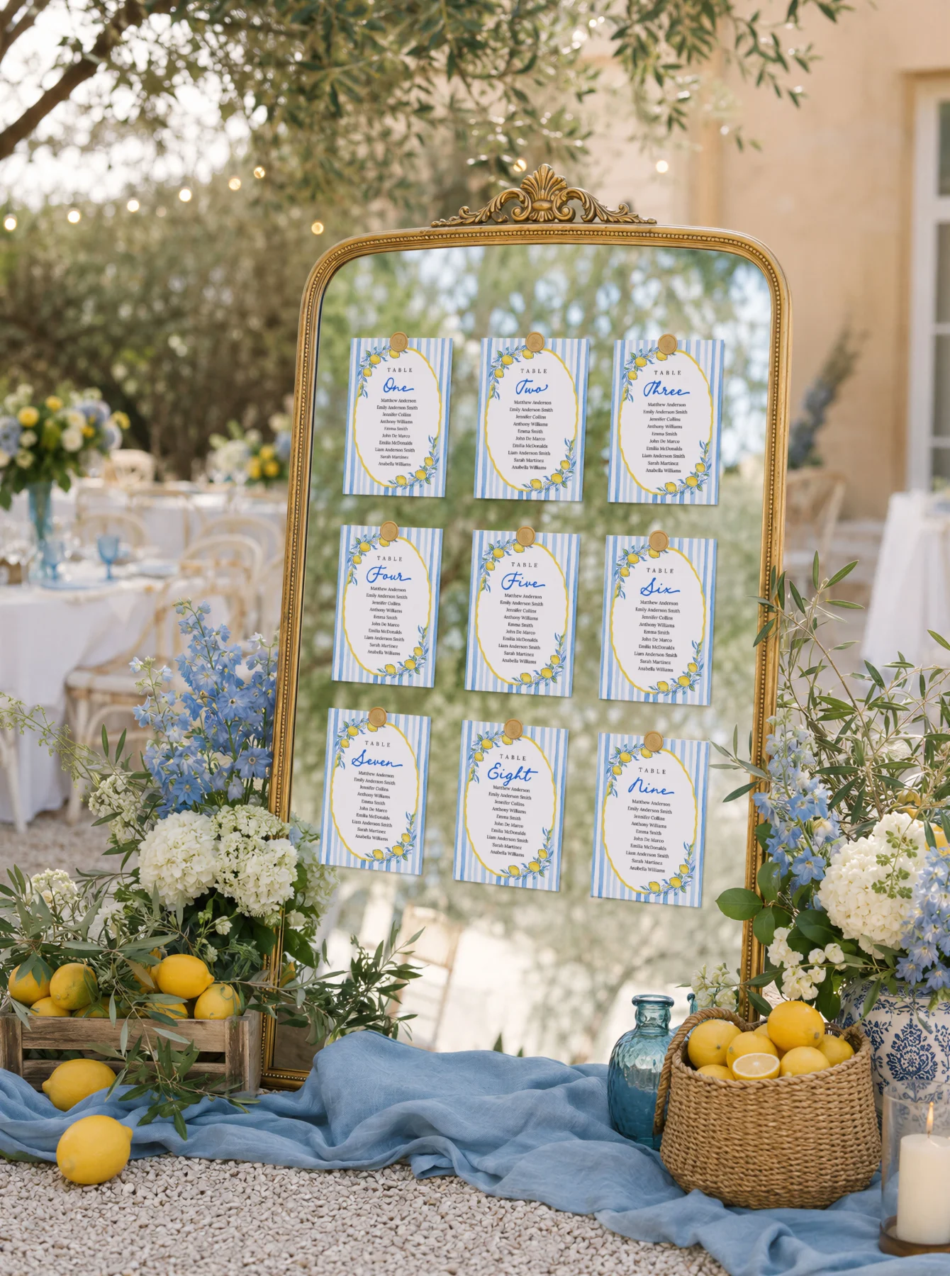Lemon Blue Bridal Shower Seating Chart Cards Canva Template detail 3