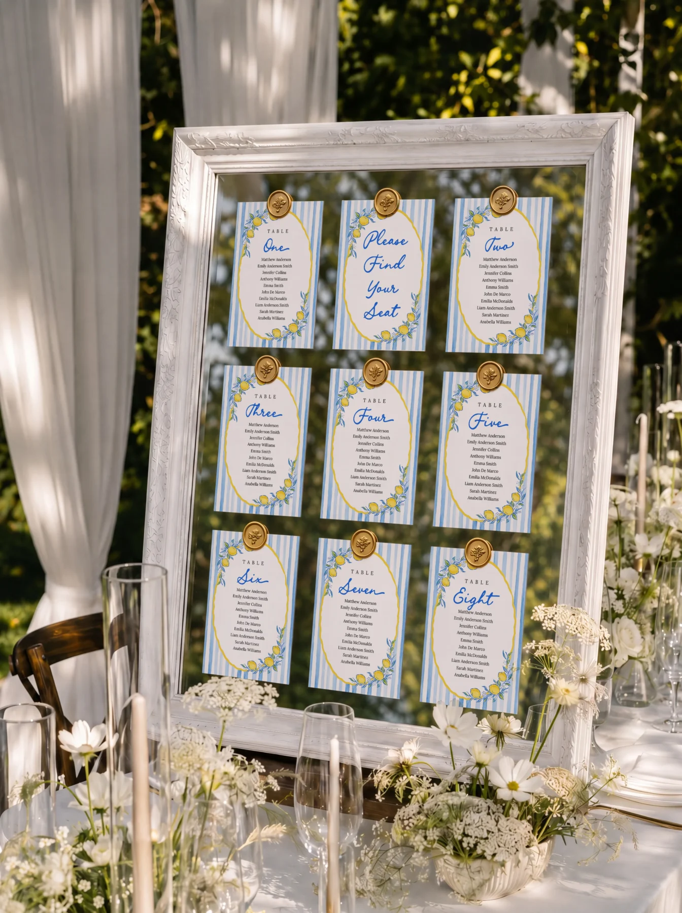 Lemon Blue Bridal Shower Seating Chart Cards Canva Template detail 4