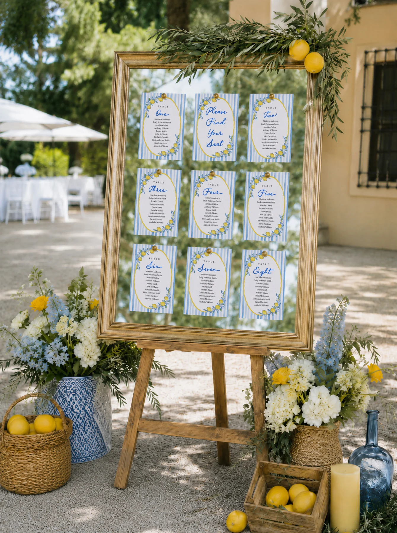 Lemon Blue Bridal Shower Seating Chart Cards Canva Template preview