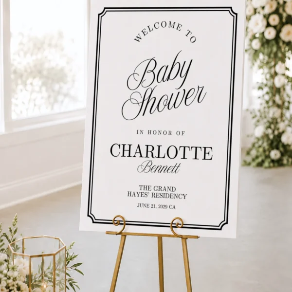 Black Elegant Baby Shower Welcome Sign Canva Template preview