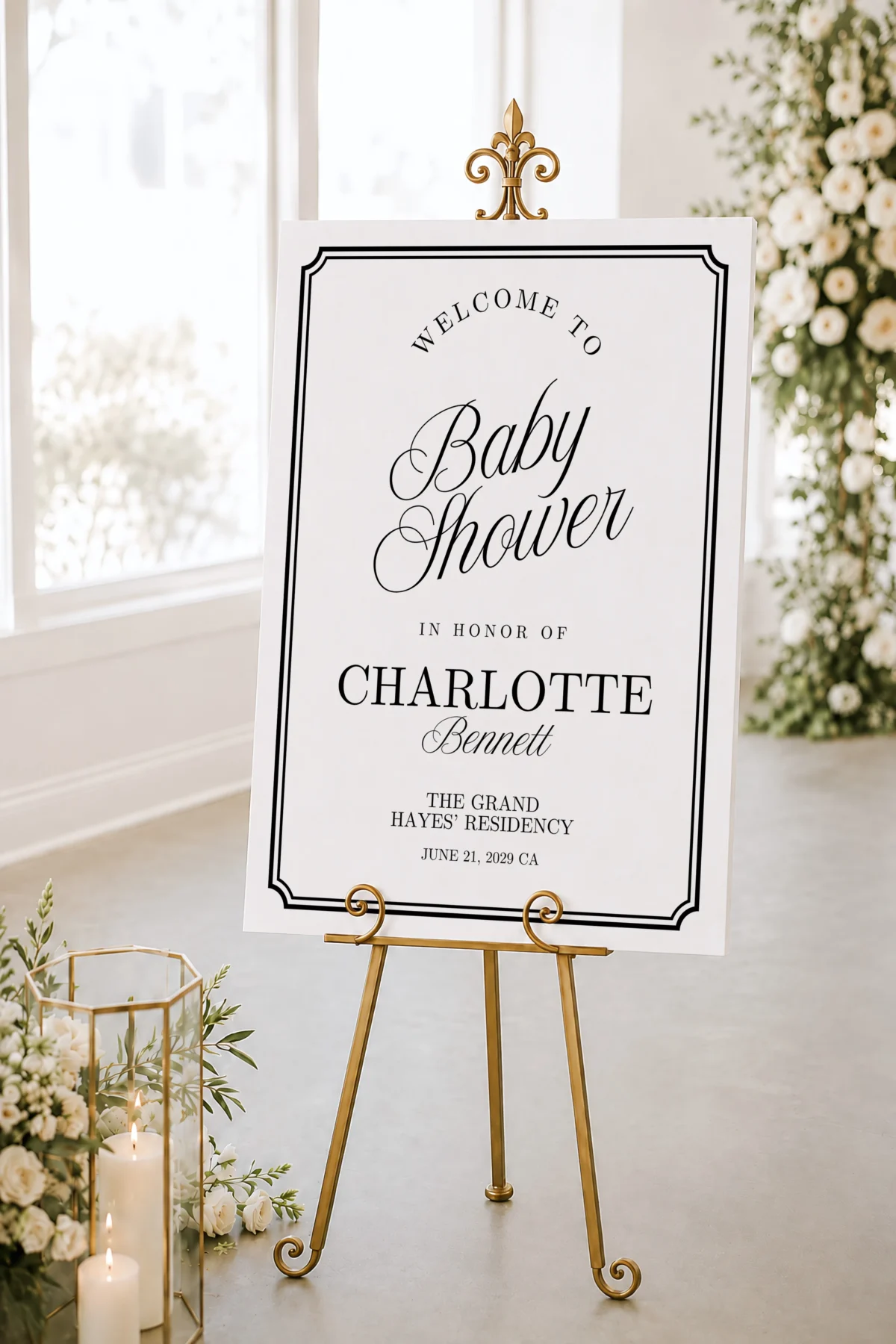 Black Elegant Baby Shower Welcome Sign Canva Template preview