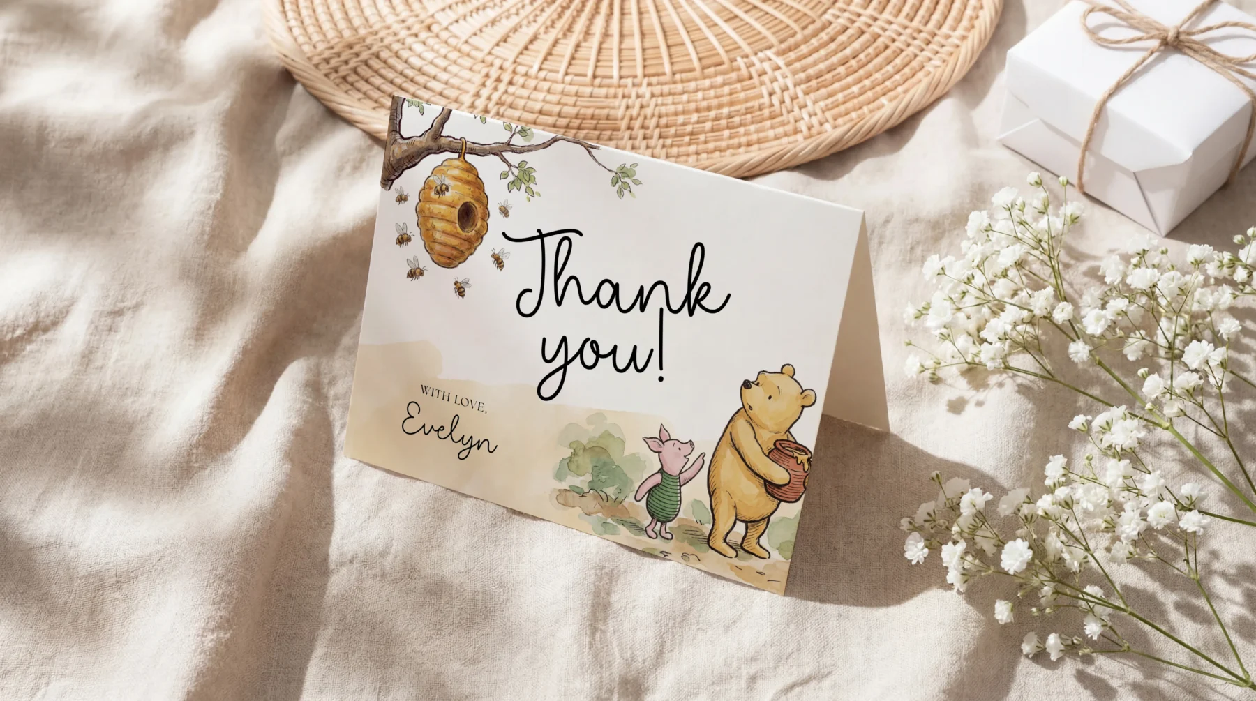 Winnie Beige Baby Shower Thank You Card Canva Template preview