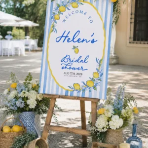 Lemon Blue Bridal Shower Welcome Sign Canva Template preview