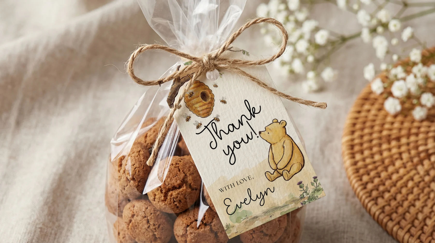 Winnie Beige Baby Shower Gift Tag Canva Template detail 2