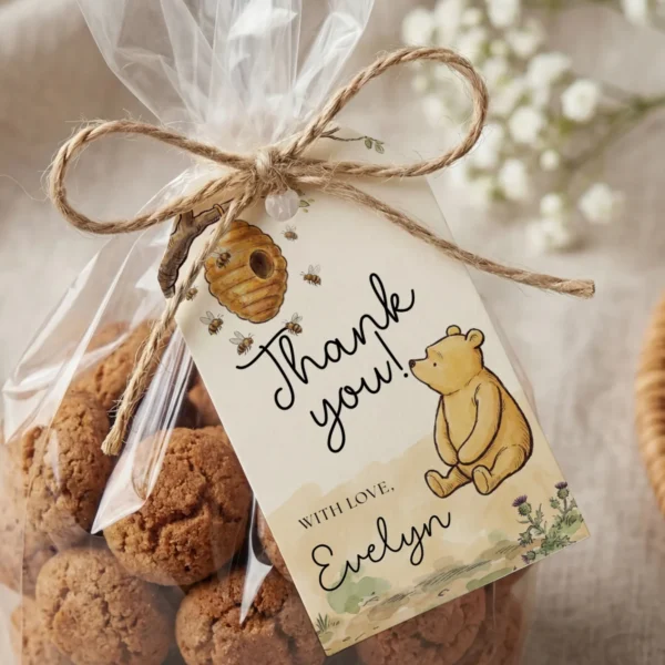 Winnie Beige Baby Shower Gift Tag Canva Template preview