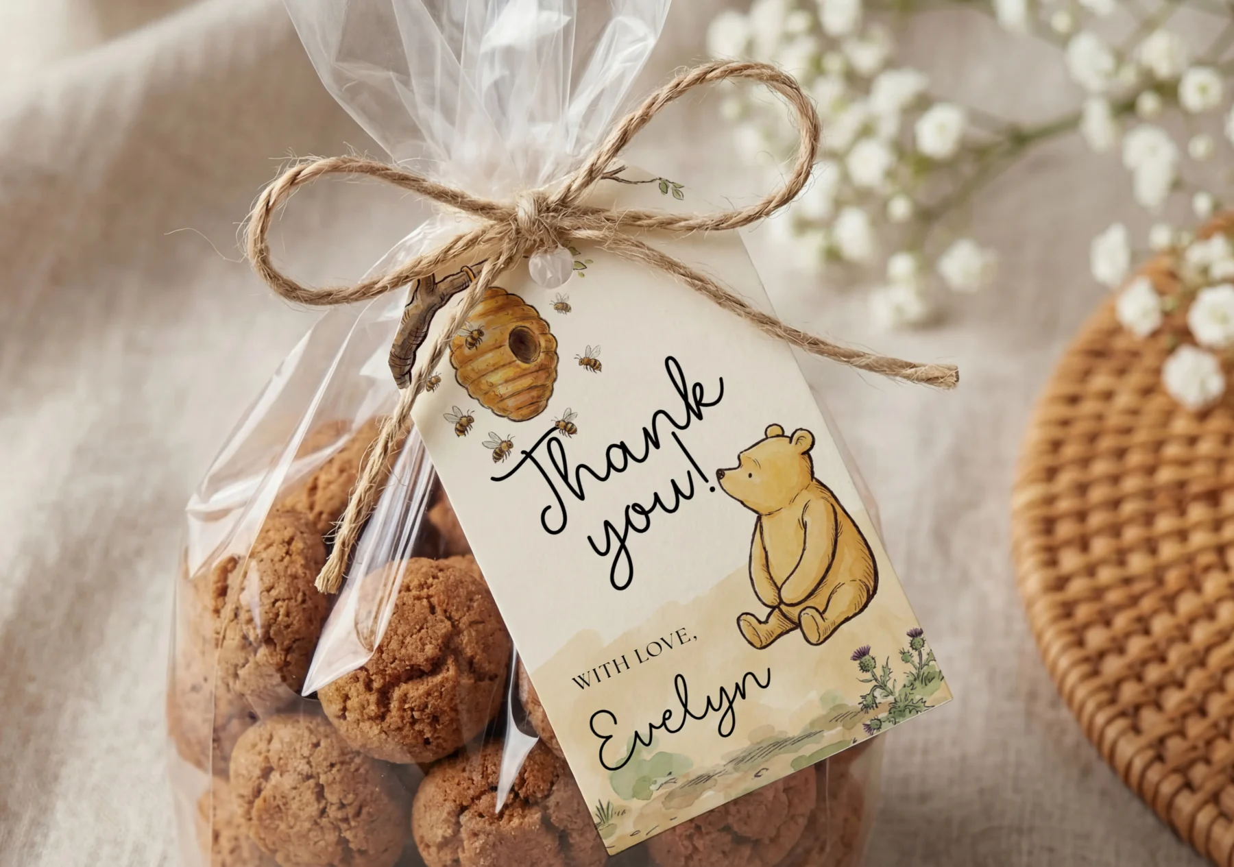 Winnie Beige Baby Shower Gift Tag Canva Template preview