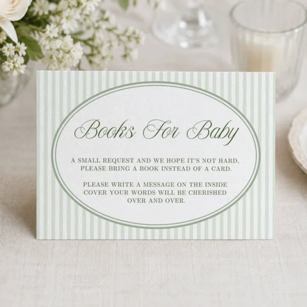 Green Stripes Baby Shower Books for Baby Card Canva Template preview