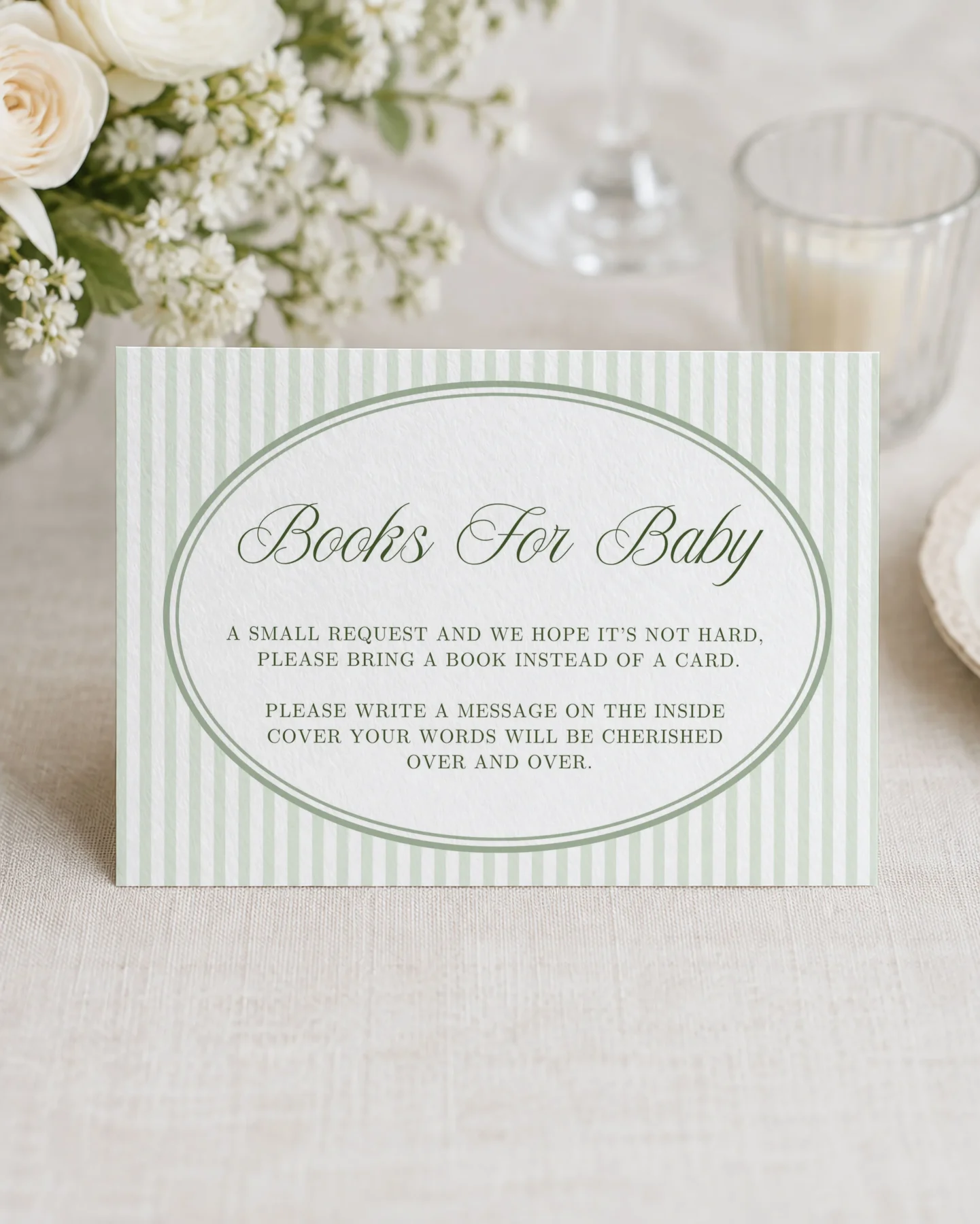 Green Stripes Baby Shower Books for Baby Card Canva Template preview