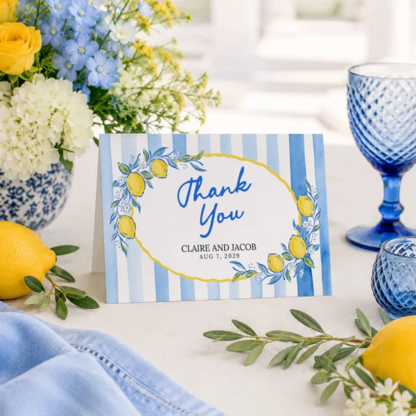 Lemon Blue Bridal Shower Thank You Card Canva Template preview