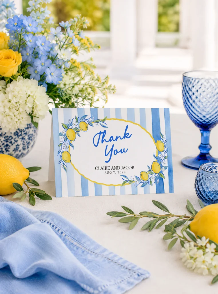 Lemon Blue Bridal Shower Thank You Card Canva Template preview