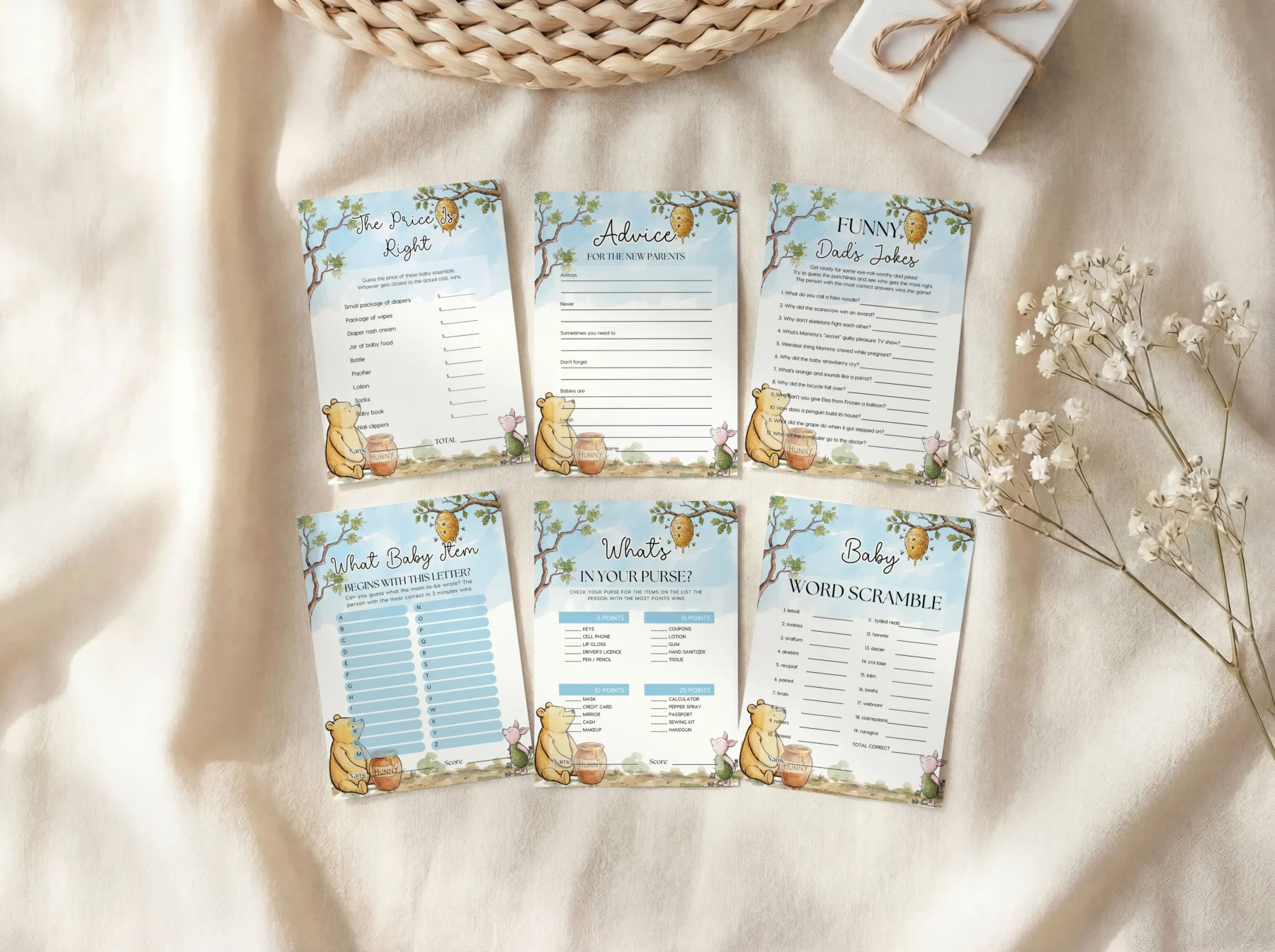 Winnie the Poon Blue Baby Shower Game Canva Template detail 5