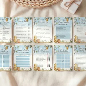 Winnie the Poon Blue Baby Shower Game Canva Template preview