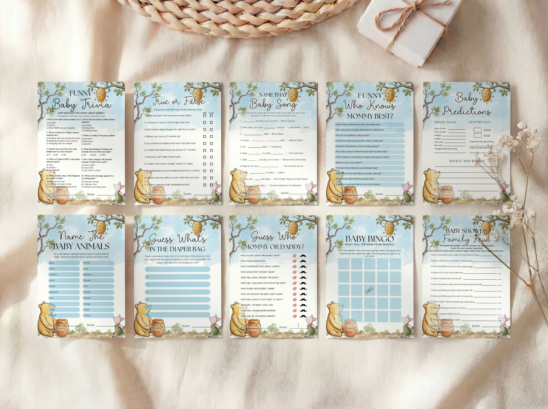 Winnie the Poon Blue Baby Shower Game Canva Template preview