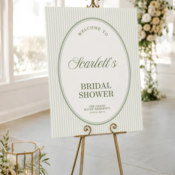 Green Stripes Bridal Shower Welcome Sign Canva Template preview