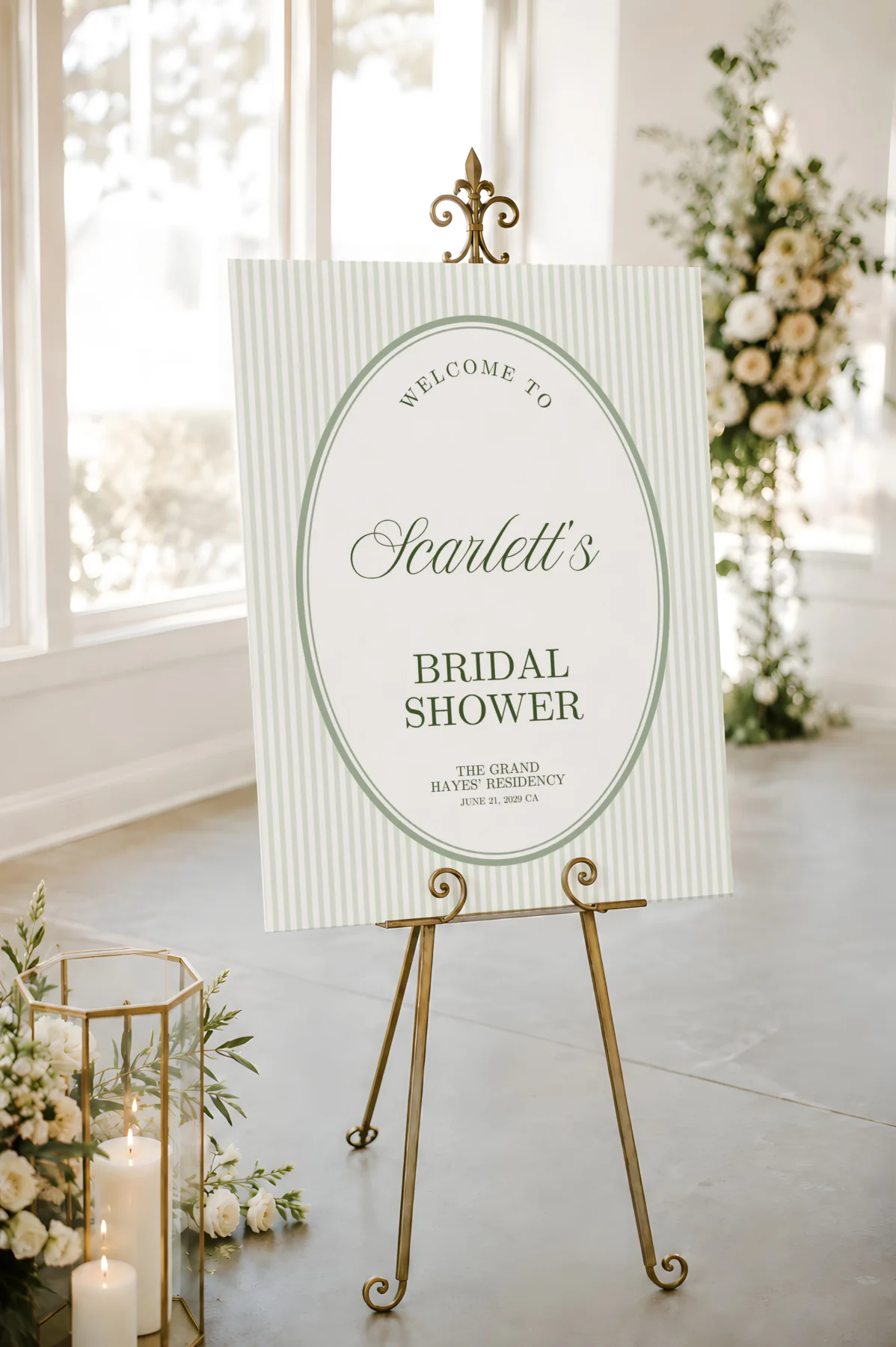 Green Stripes Bridal Shower Welcome Sign Canva Template preview