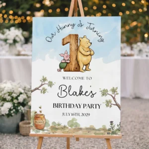 Winnie the Poon Blue Birthday Welcome Sign Canva Template preview
