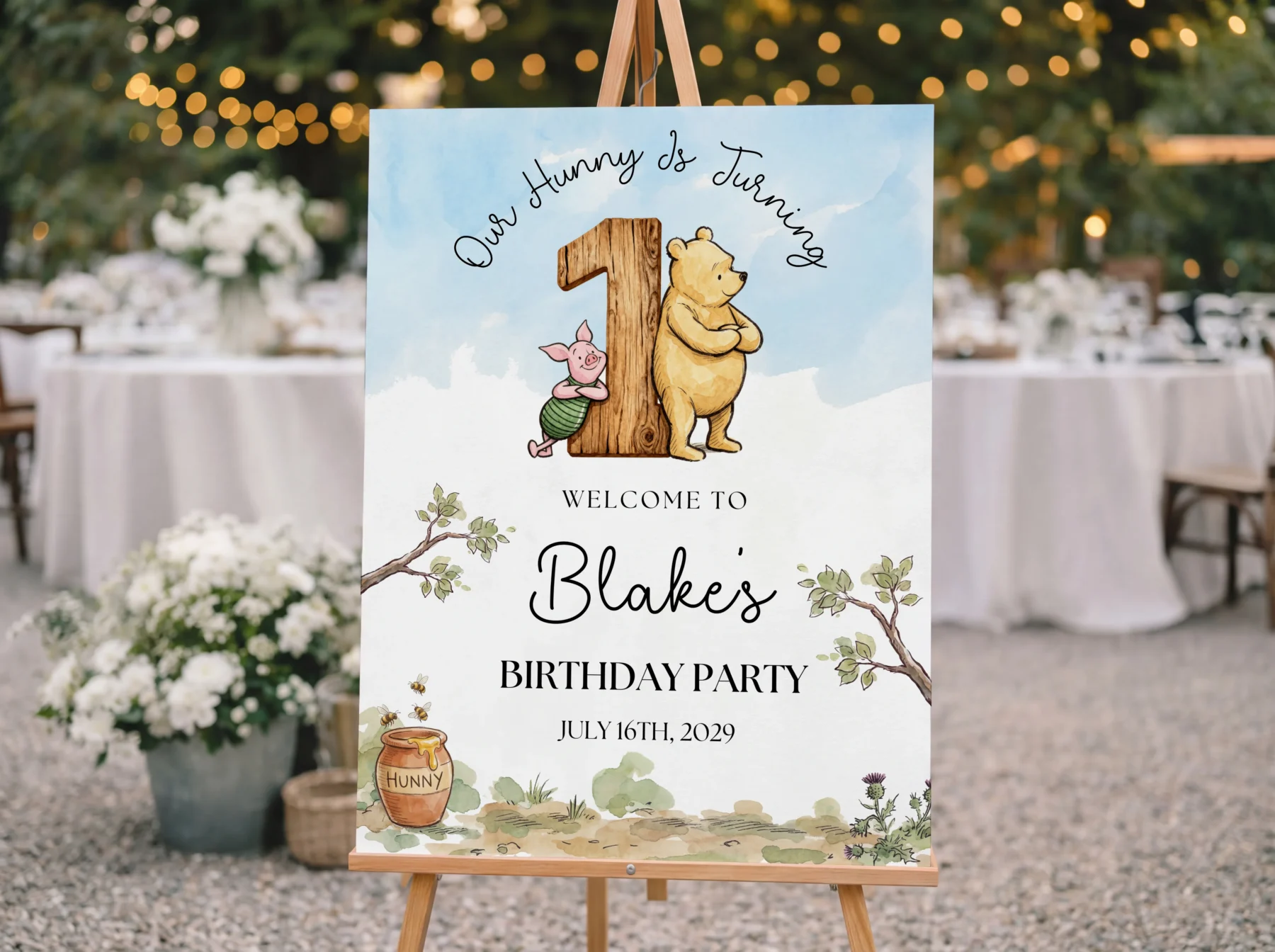Winnie the Poon Blue Birthday Welcome Sign Canva Template preview
