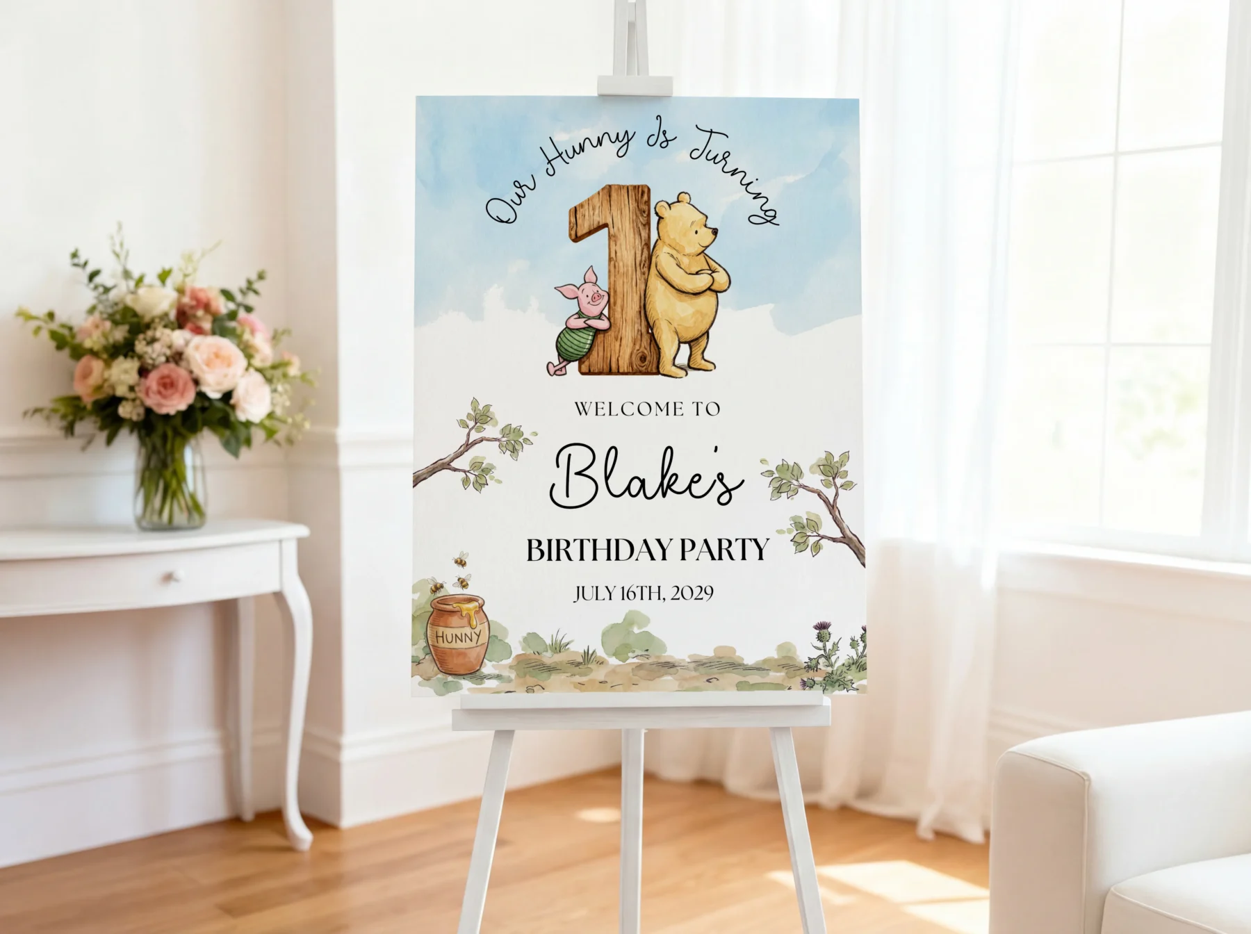 Winnie the Poon Blue Birthday Welcome Sign Canva Template detail 3