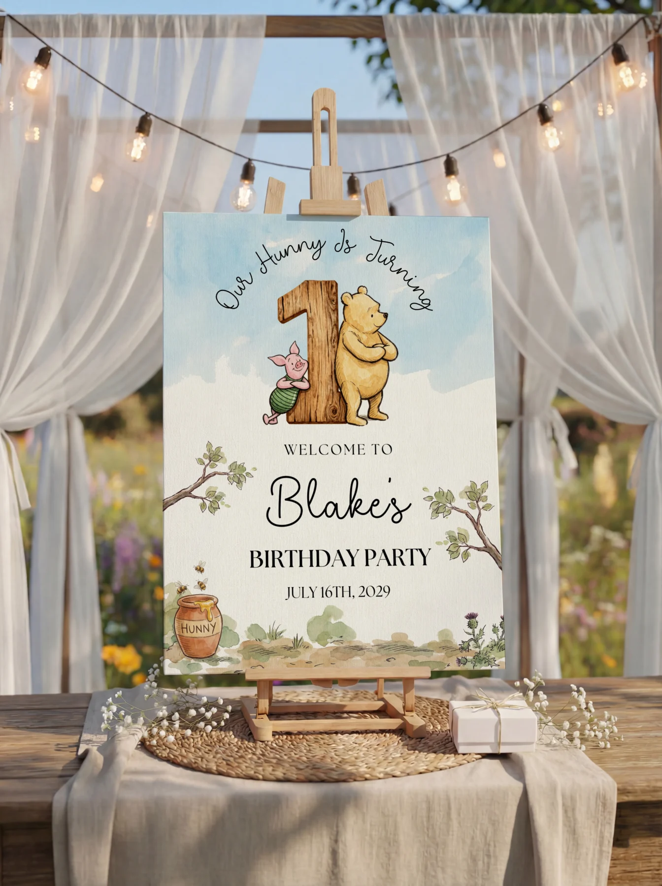 Winnie the Poon Blue Birthday Welcome Sign Canva Template detail 4