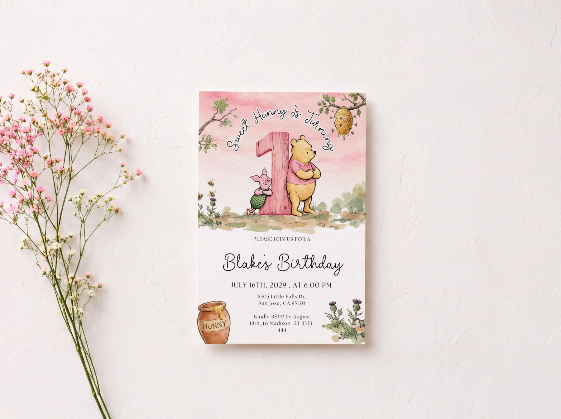 Winnie Pink Birthday Invitation Canva Template detail 3