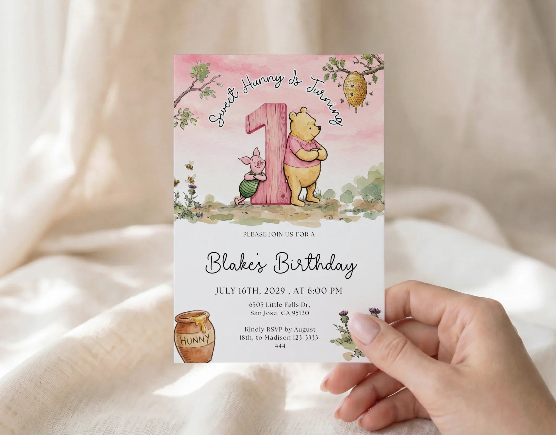 Winnie Pink Birthday Invitation Canva Template detail 4