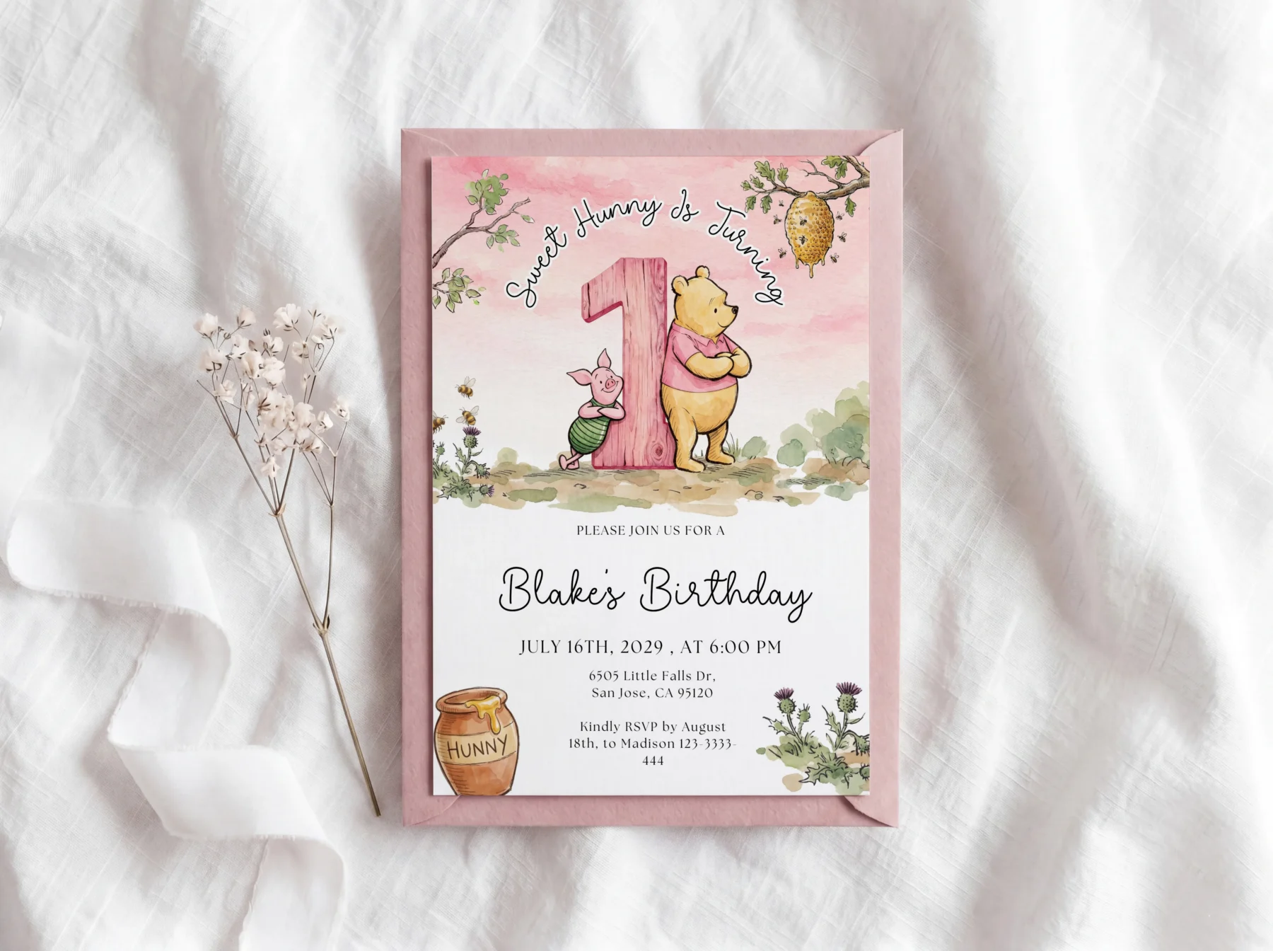 Winnie Pink Birthday Invitation Canva Template detail 5