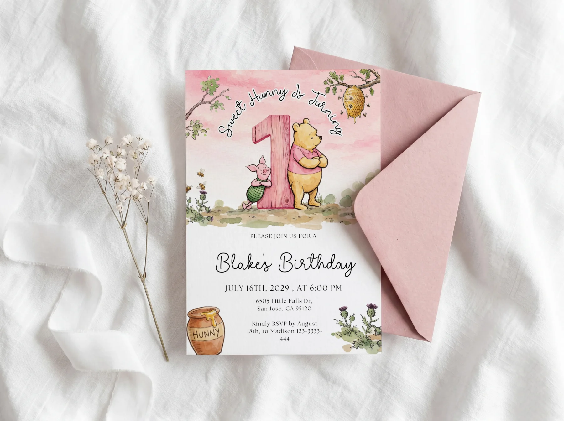 Winnie Pink Birthday Invitation Canva Template detail 2