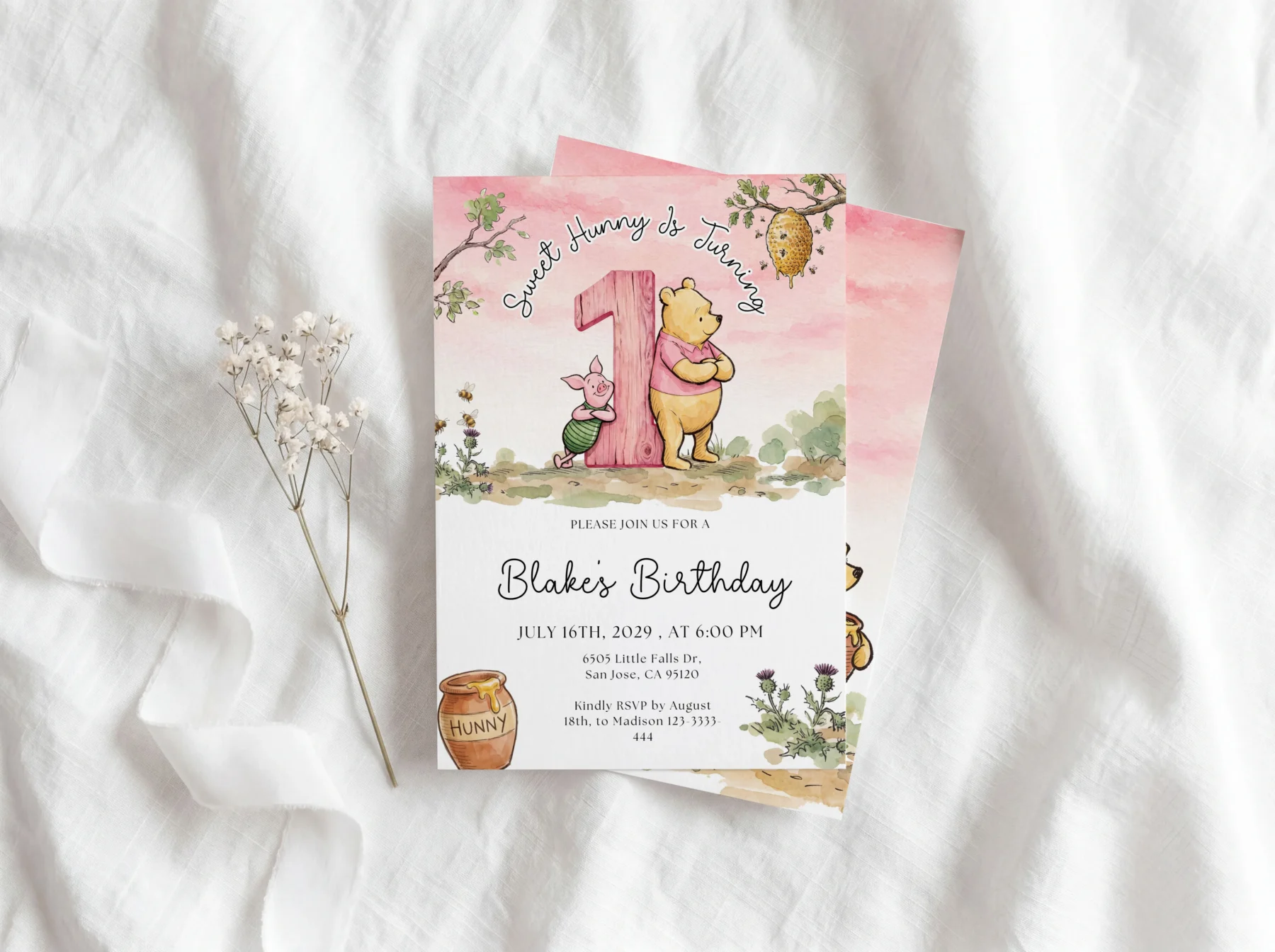 Winnie Pink Birthday Invitation Canva Template detail 6