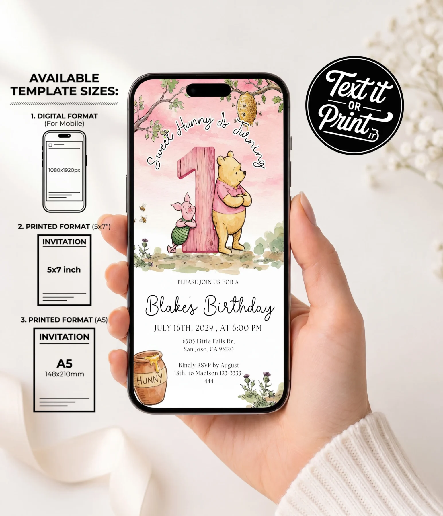 Winnie Pink Birthday Invitation Canva Template detail 7