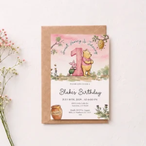 Winnie Pink Birthday Invitation Canva Template preview