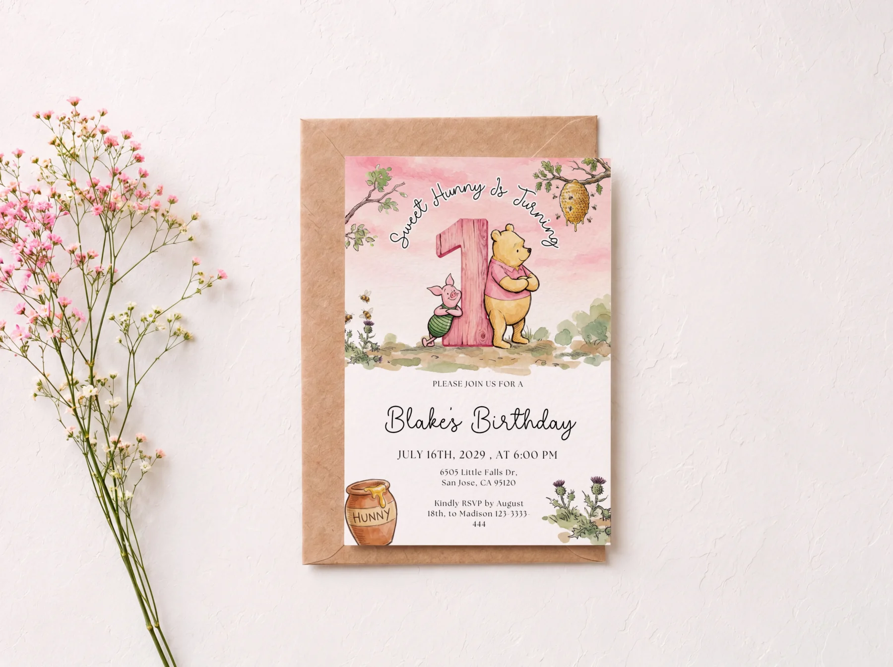 Winnie Pink Birthday Invitation Canva Template preview