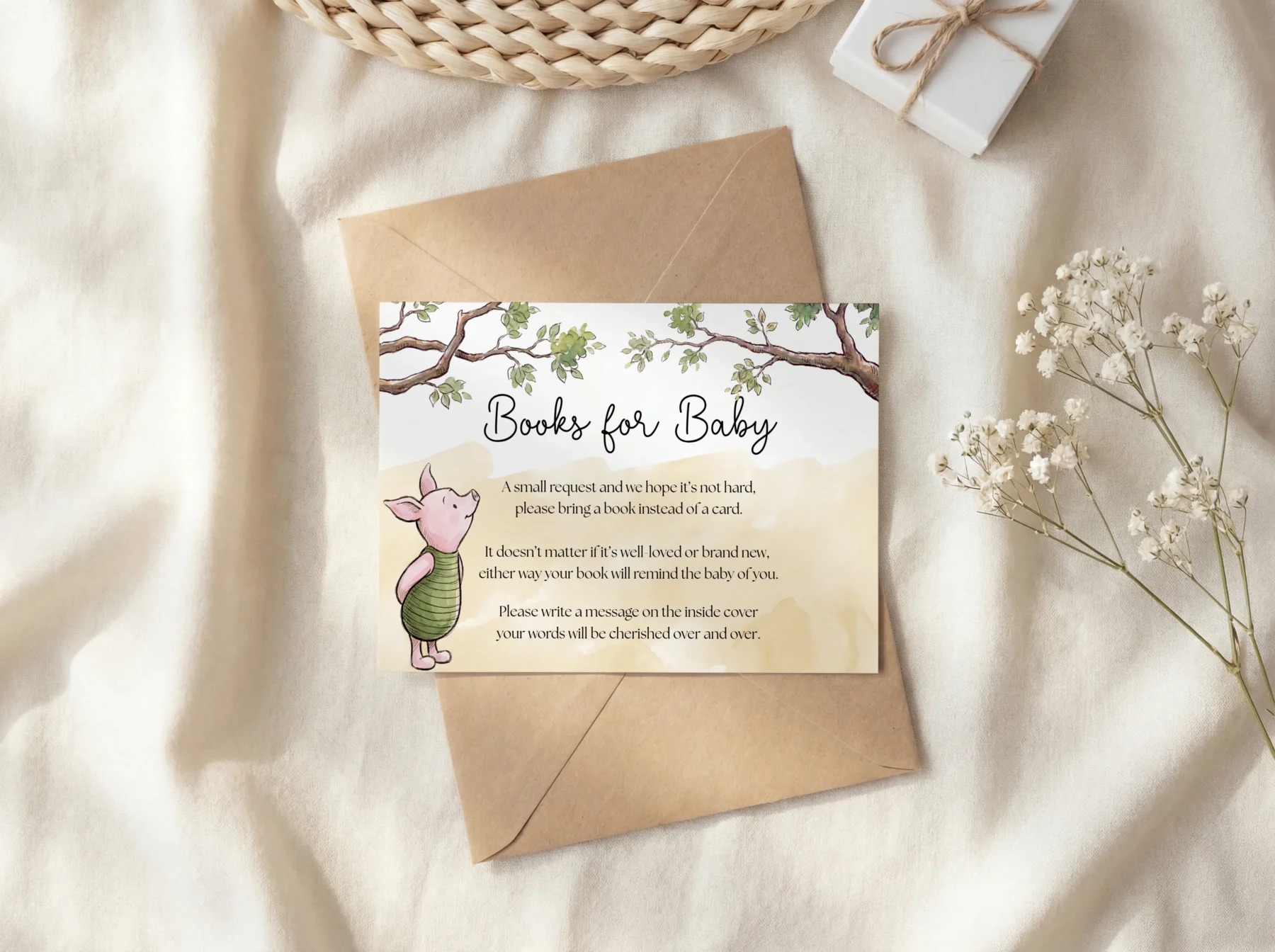 Winnie Beige Baby Shower Books for Baby Card Canva Template detail 3