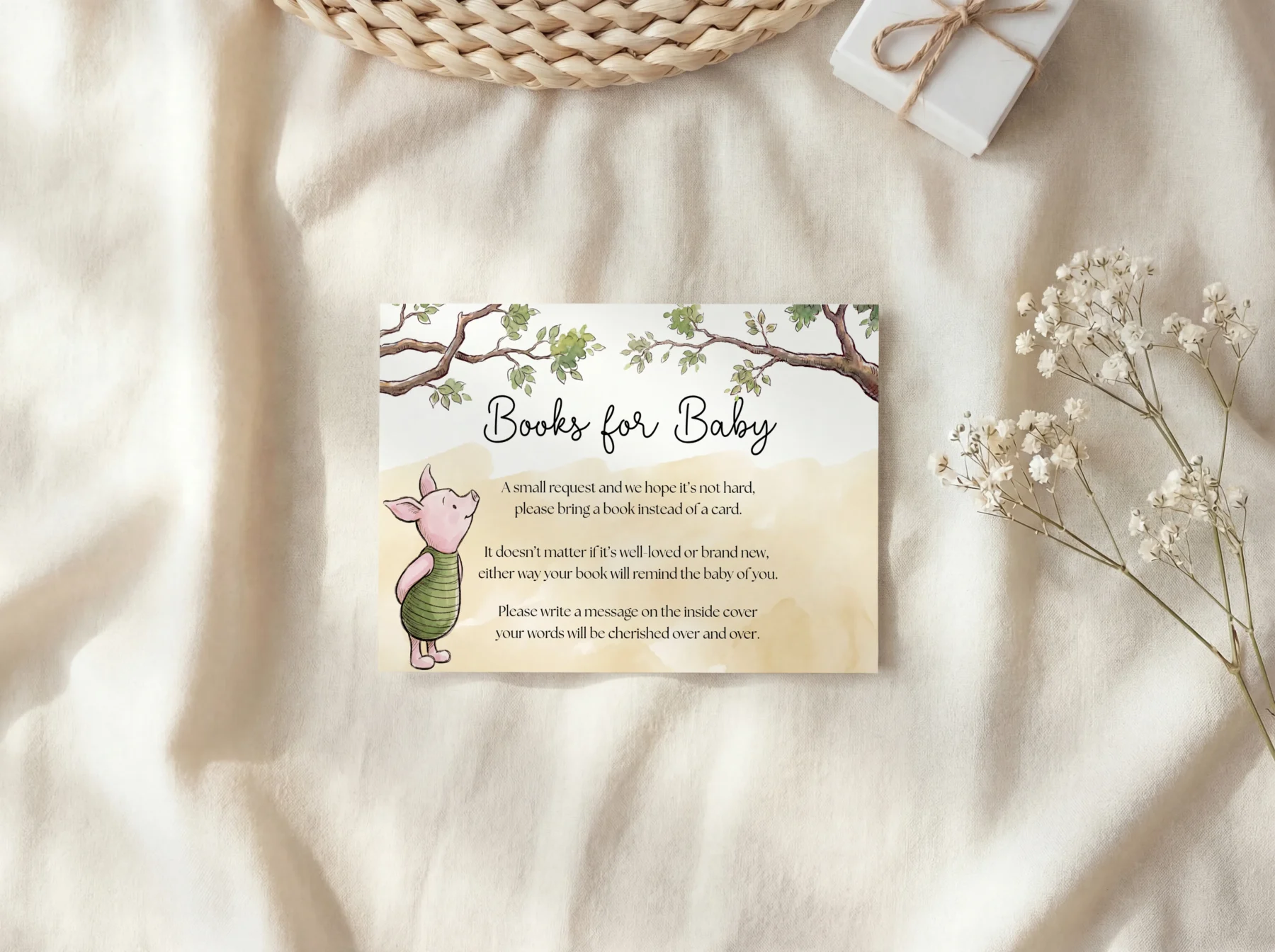 Winnie Beige Baby Shower Books for Baby Card Canva Template preview