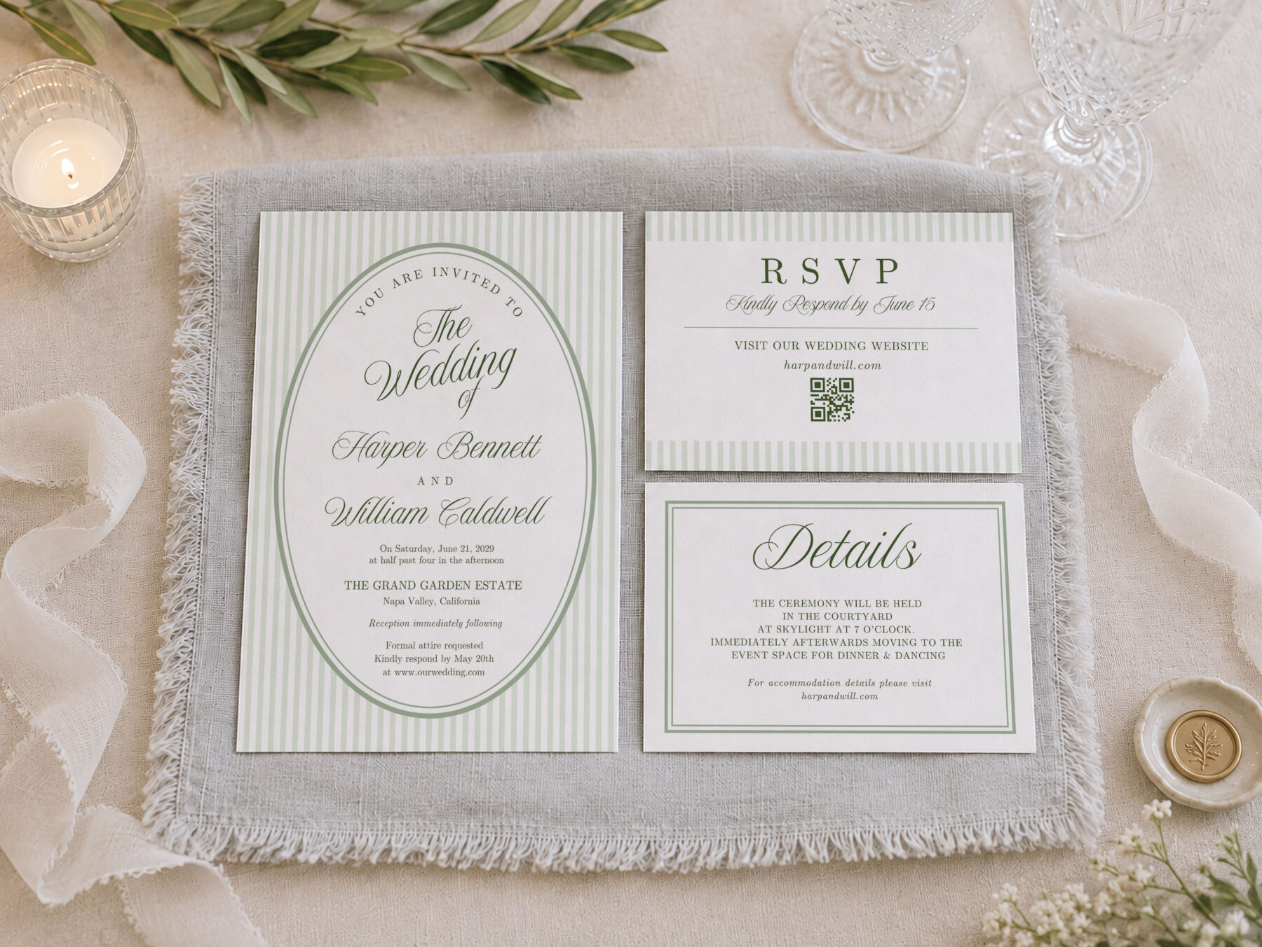 Coordinated green wedding invitation, RSVP card and details card