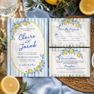 Lemon Blue Wedding Invitation Canva Template preview