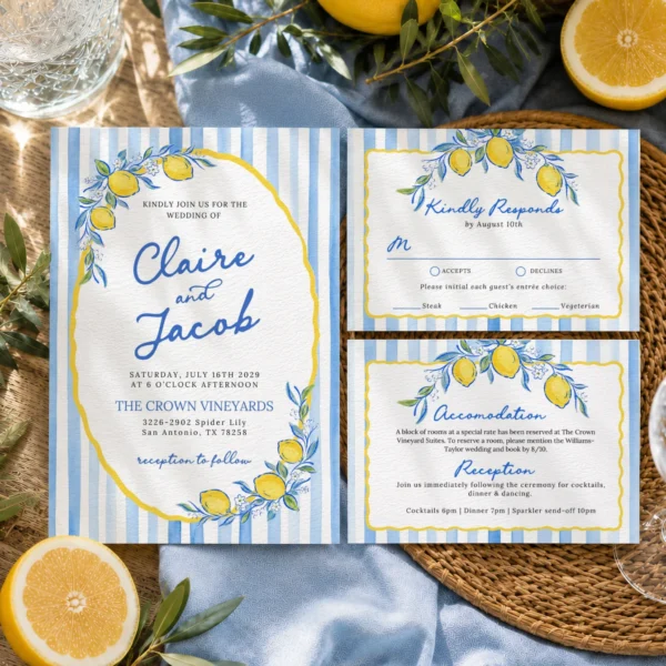 Lemon Blue Wedding Invitation Canva Template preview