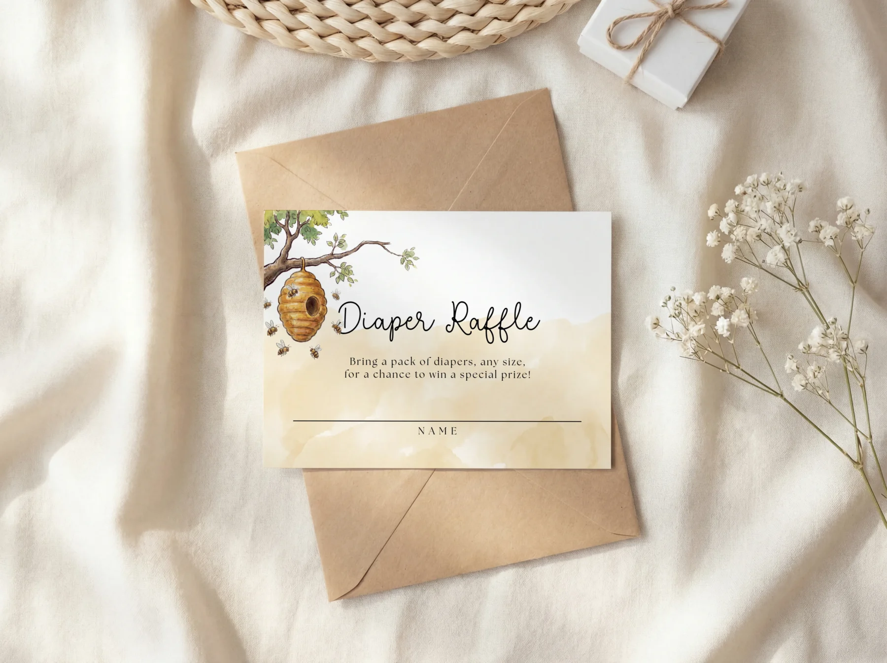 Winnie Beige Baby Shower Diaper Raffle Card Canva Template detail 3