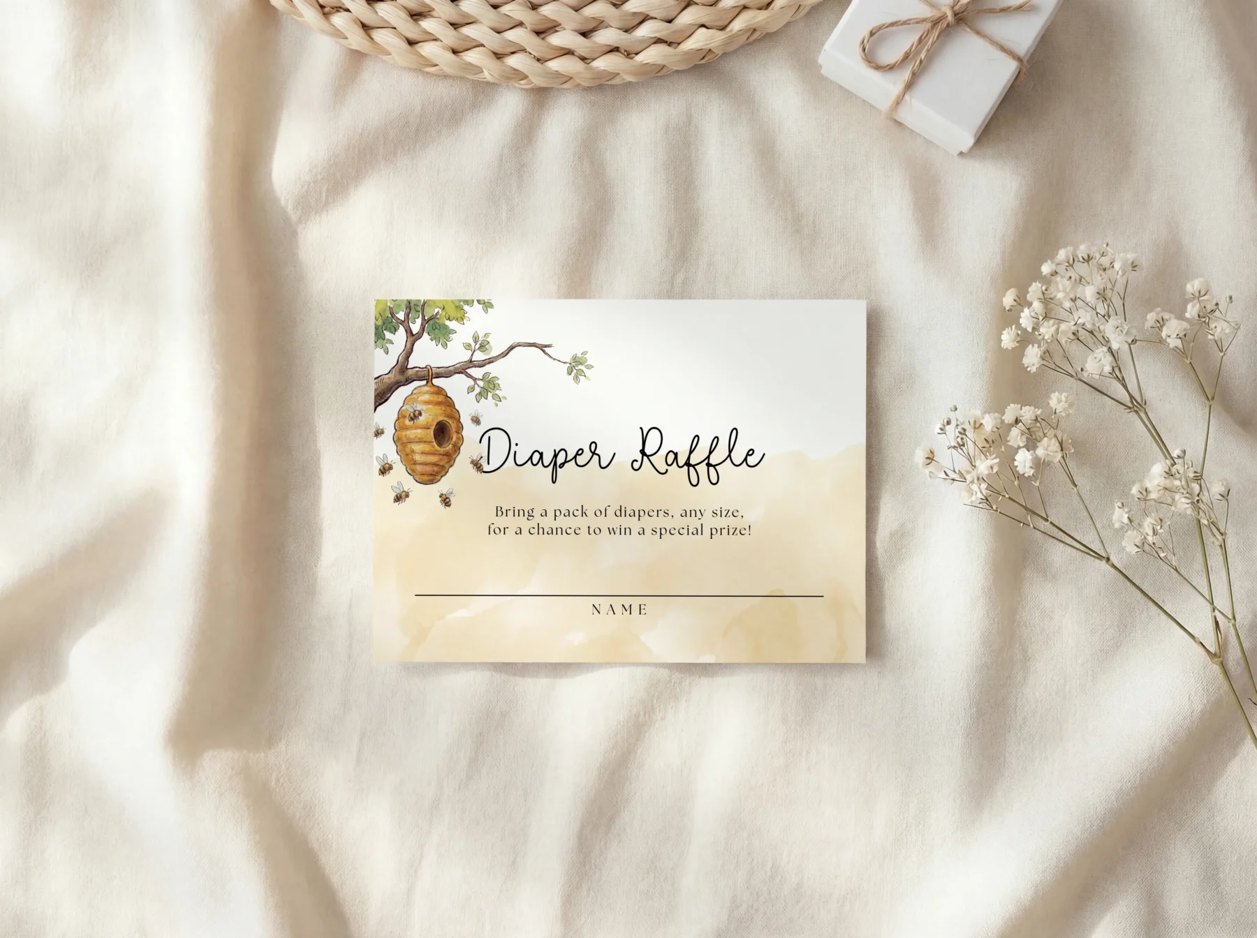 Winnie Beige Baby Shower Diaper Raffle Card Canva Template preview